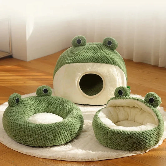 Cat Bed Small Dog Bed Plush Round Cartoon Frog Mat Winter Warm Deep Sleep Comfort Soft Breathable Cat Dog House Pet Supplies